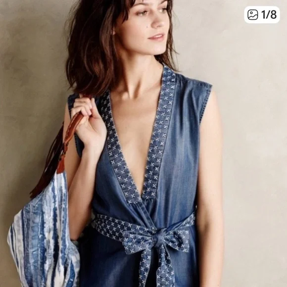 Anthropologie Holding Horses Blue Denim Top with Embroidered Detail - Picture 1 of 11